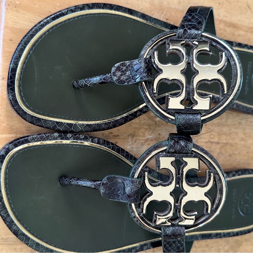 SOLD Tory Burch Miller Sandals Olive Green/Black Snakeskin Size 7.5 - Picture 1 of 9